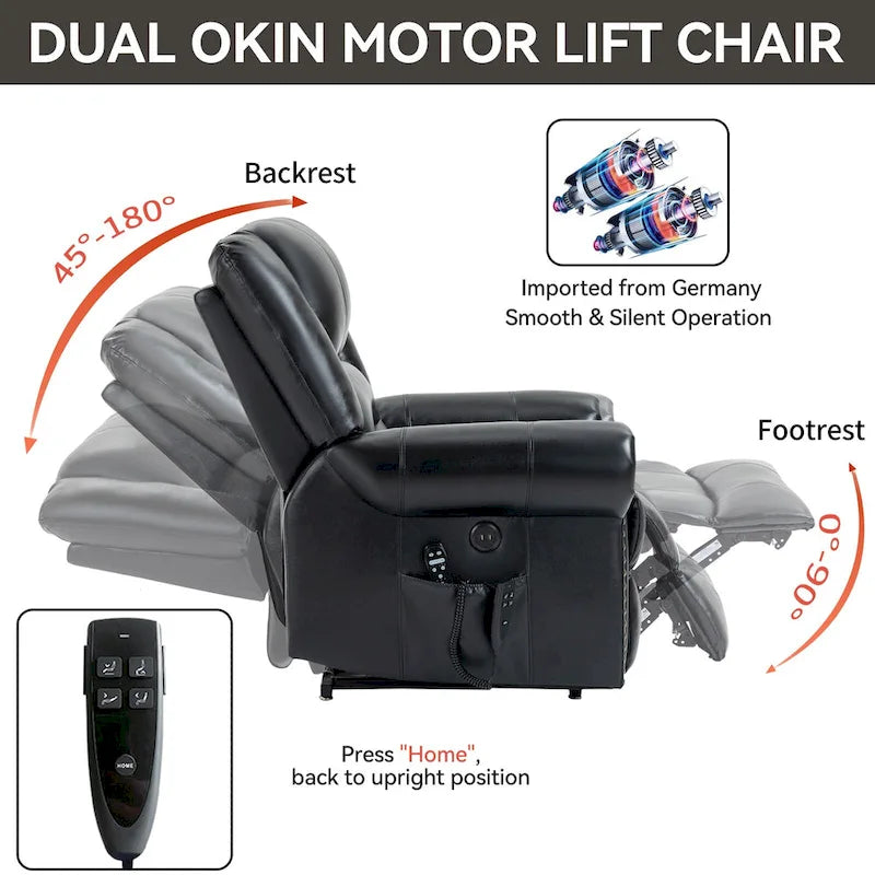 Fauteuil inclinable releveur en cuir véritable avec massage et chauffage lombaire, ports USB