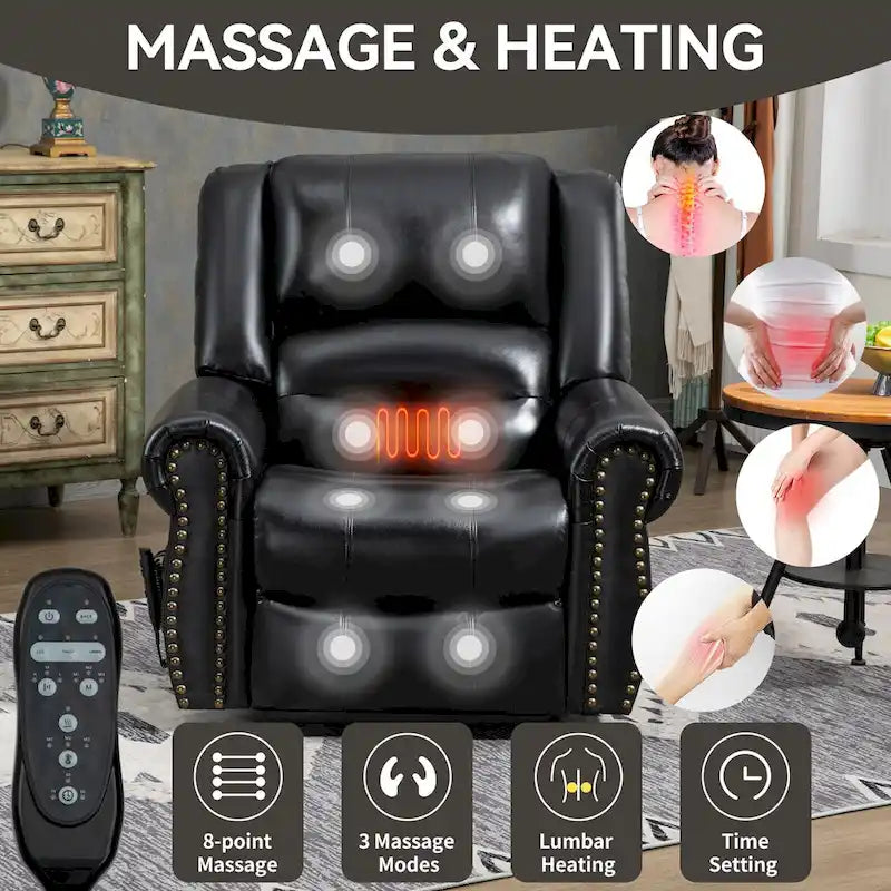 Fauteuil inclinable releveur en cuir véritable avec massage et chauffage lombaire, ports USB
