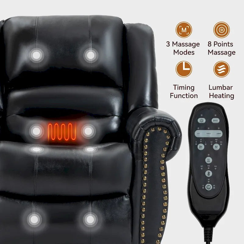 Fauteuil inclinable releveur en cuir véritable avec massage et chauffage lombaire, ports USB