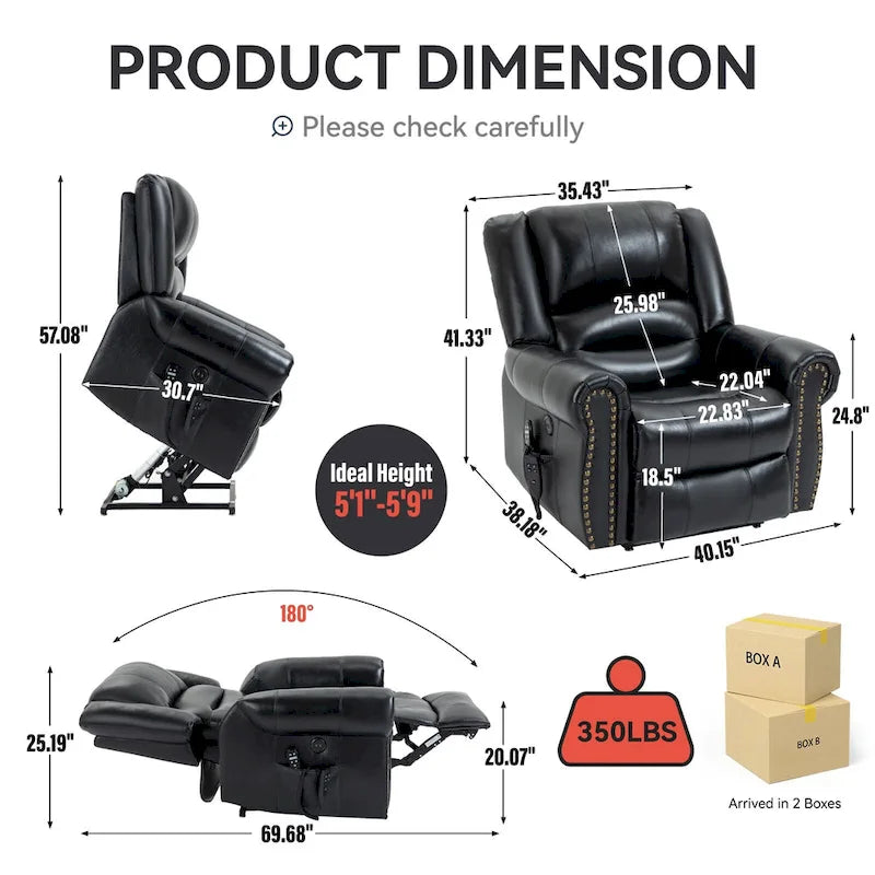 Fauteuil inclinable releveur en cuir véritable avec massage et chauffage lombaire, ports USB