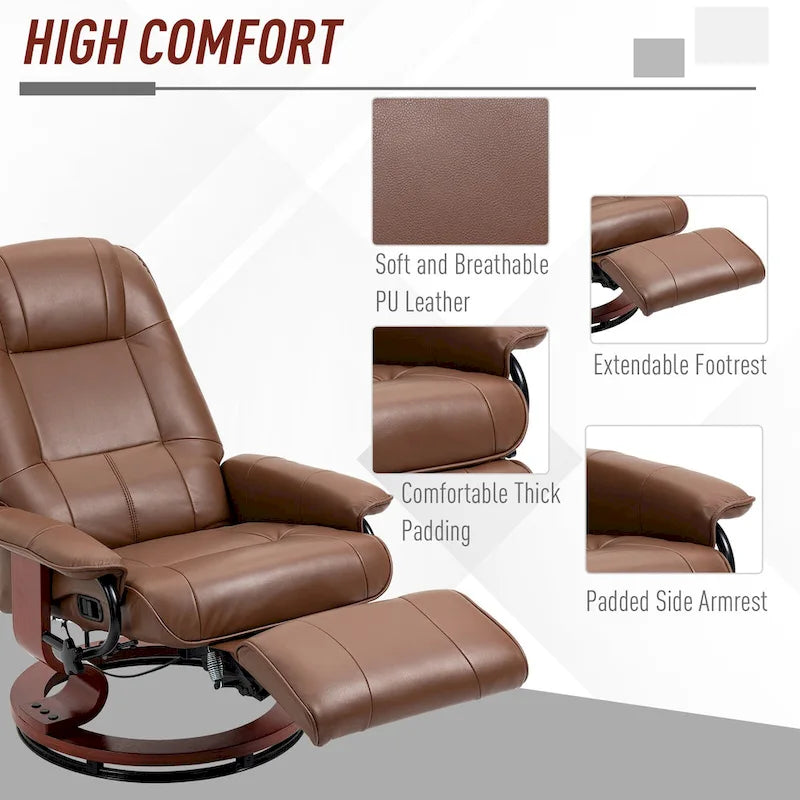 Fauteuil inclinable pivotant manuel en similicuir avec repose-pieds, accoudoirs et base en bois enveloppée