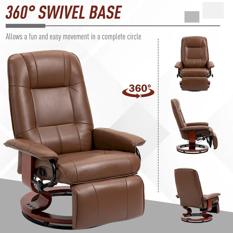 Fauteuil inclinable pivotant manuel en similicuir avec repose-pieds, accoudoirs et base en bois enveloppée