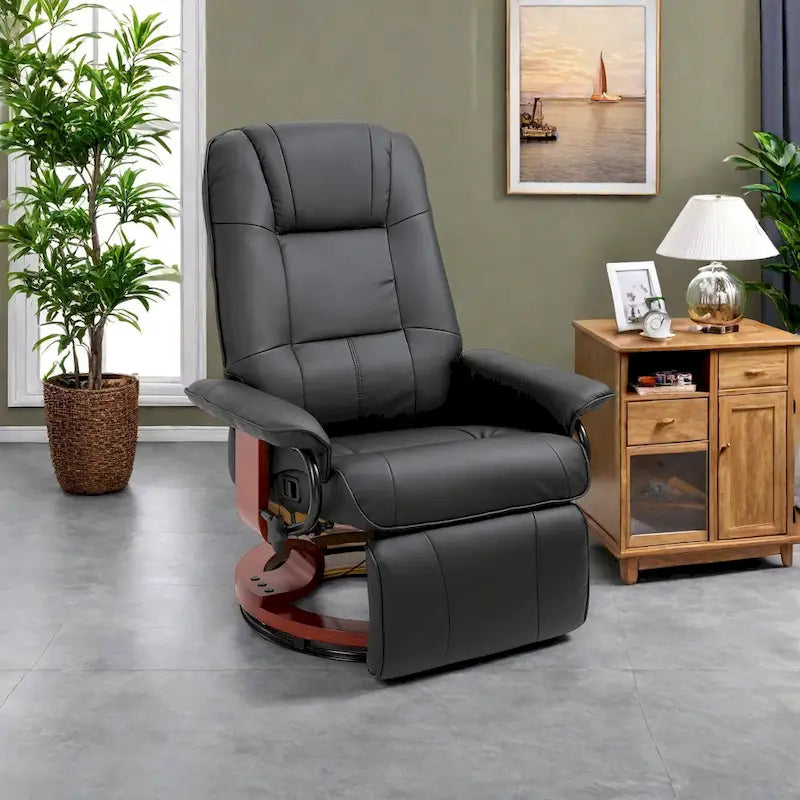 Fauteuil inclinable pivotant manuel en similicuir avec repose-pieds, accoudoirs et base en bois enveloppée