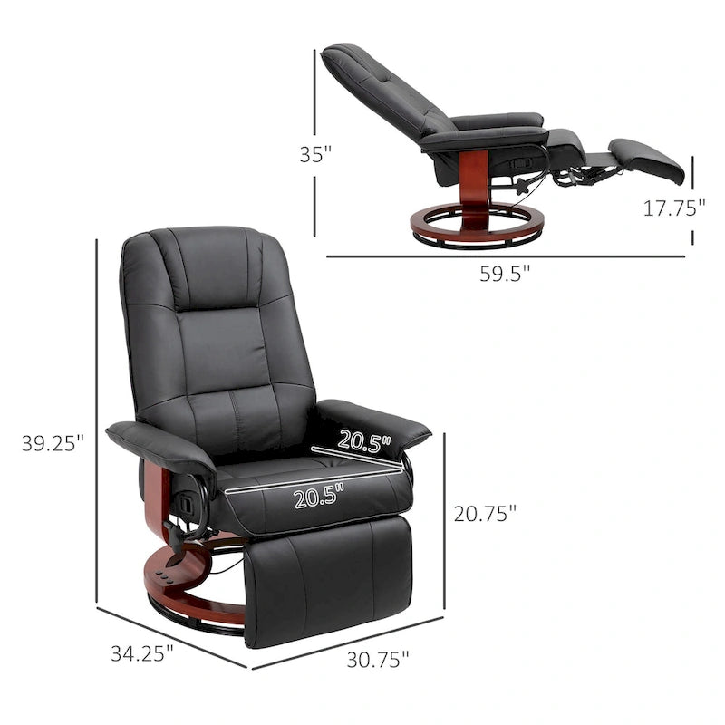 Fauteuil inclinable pivotant manuel en similicuir avec repose-pieds, accoudoirs et base en bois enveloppée