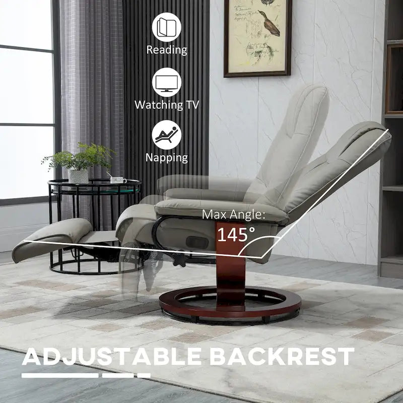 Fauteuil inclinable pivotant manuel en similicuir avec repose-pieds, accoudoirs et base en bois enveloppée