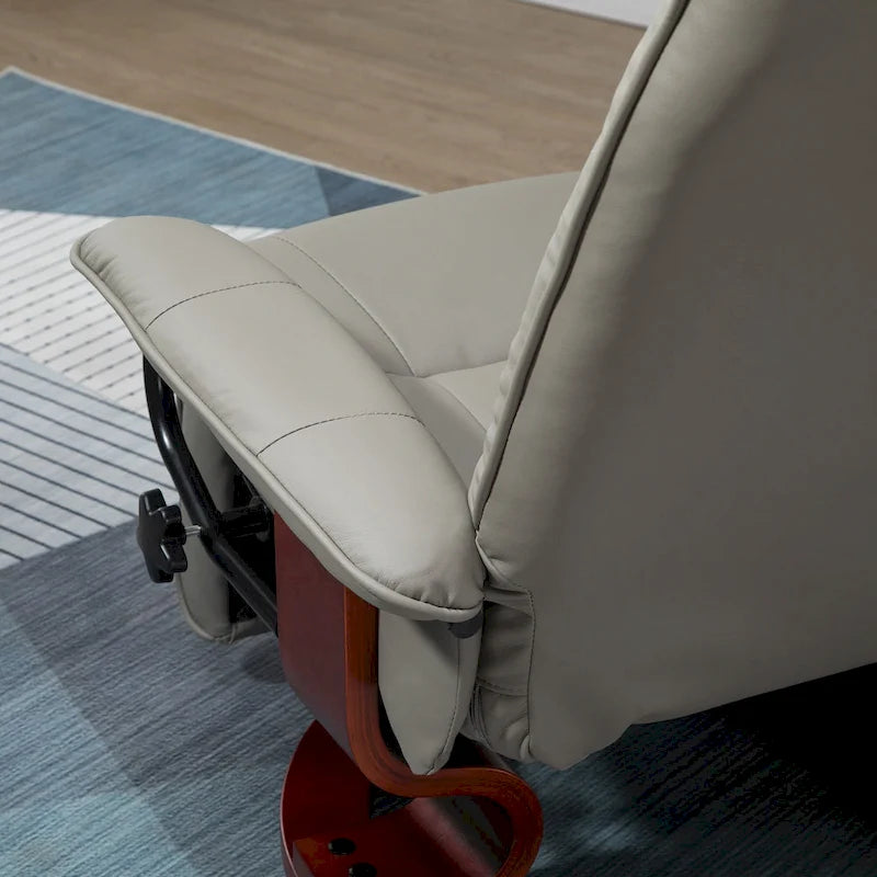 Fauteuil inclinable pivotant manuel en similicuir avec repose-pieds, accoudoirs et base en bois enveloppée
