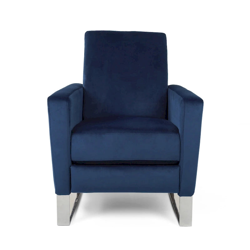 Fauteuil inclinable Reki, manuel, dossier inclinable, acier inoxydable, velours bleu