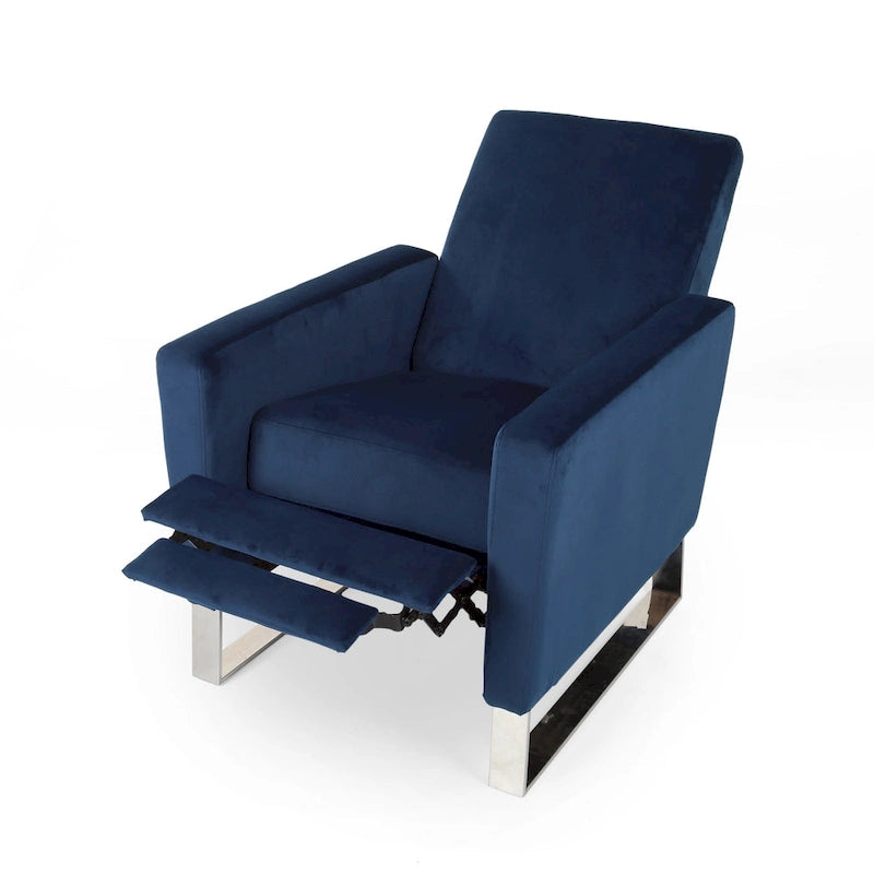 Fauteuil inclinable Reki, manuel, dossier inclinable, acier inoxydable, velours bleu