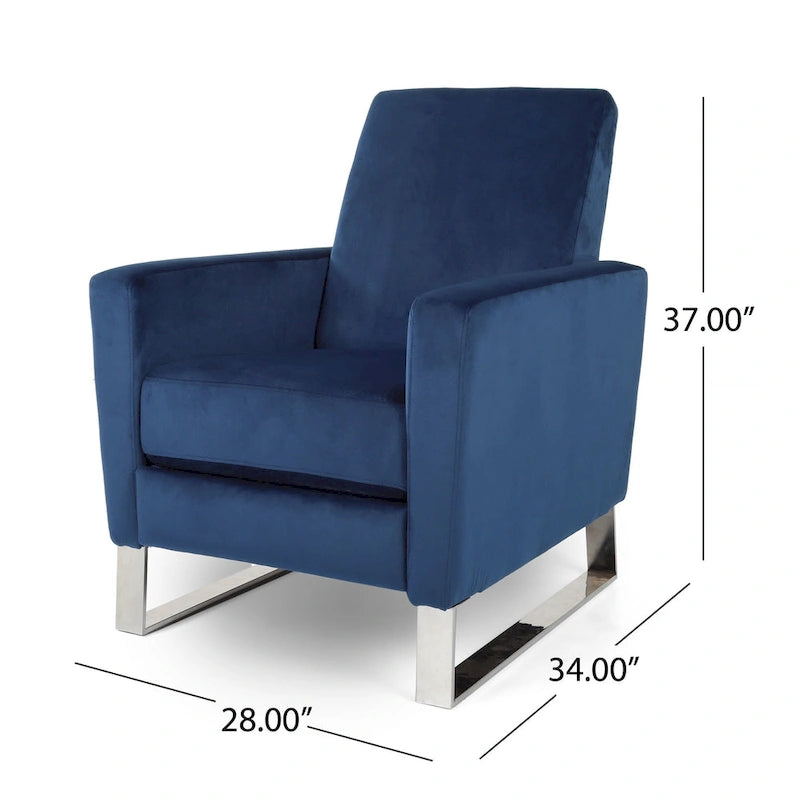 Fauteuil inclinable Reki, manuel, dossier inclinable, acier inoxydable, velours bleu