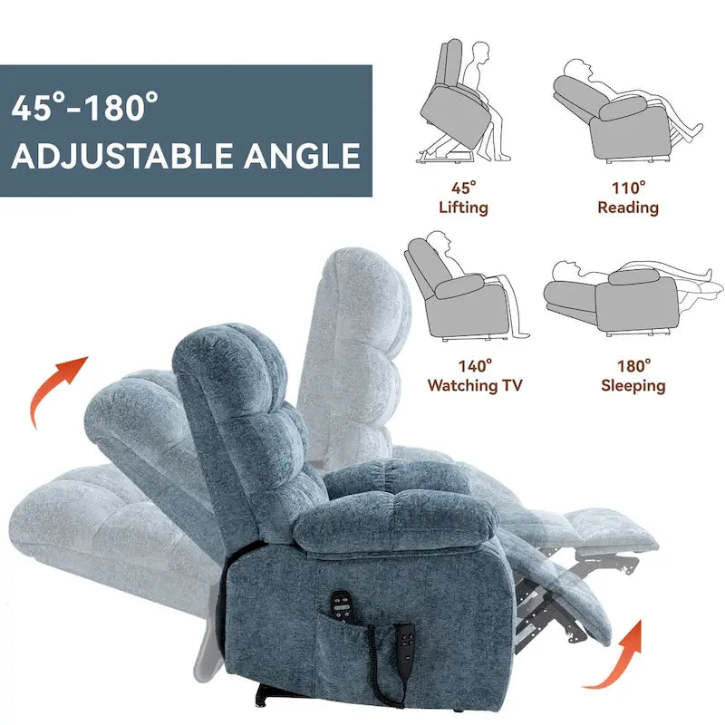 Fauteuil inclinable électrique surdimensionné en chenille avec massage et chauffage lombaire, port de charge, position allongée à 180°