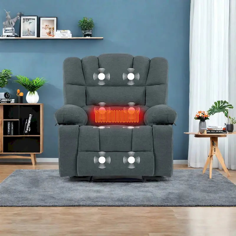 Fauteuil inclinable manuel en chenille avec massage et chauffage lombaire, double porte-gobelets, poches latérales