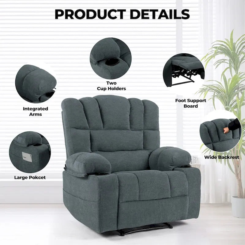 Fauteuil inclinable manuel en chenille avec massage et chauffage lombaire, double porte-gobelets, poches latérales