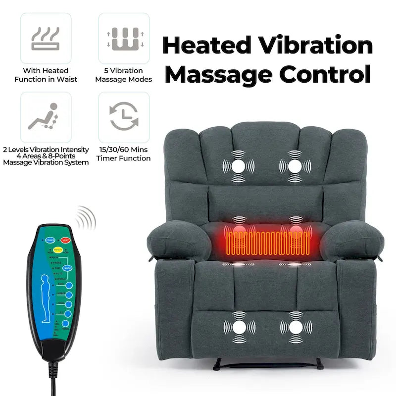 Fauteuil inclinable manuel en chenille avec massage et chauffage lombaire, double porte-gobelets, poches latérales