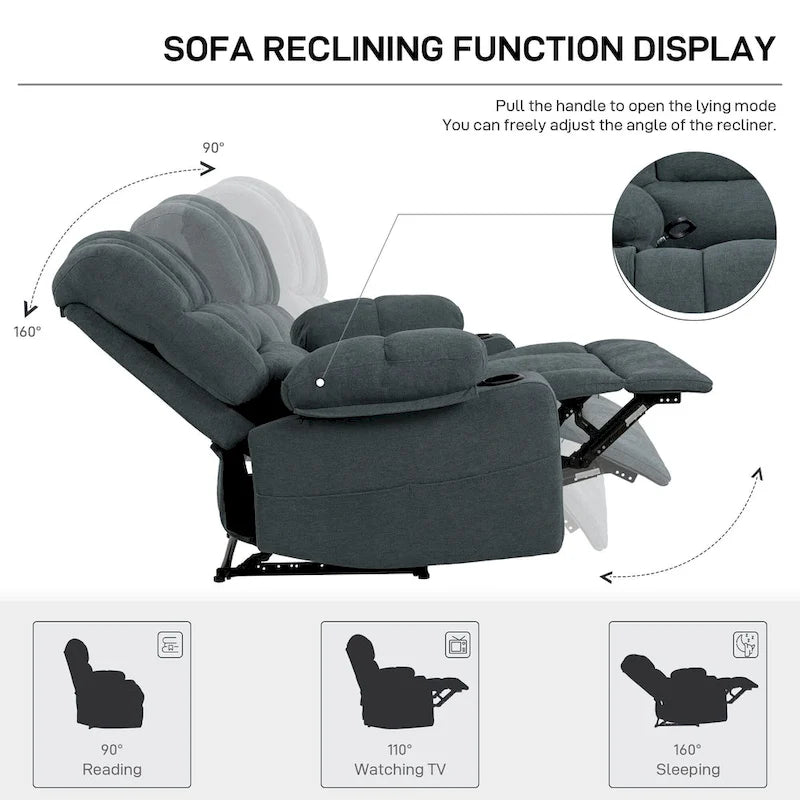 Fauteuil inclinable manuel en chenille avec massage et chauffage lombaire, double porte-gobelets, poches latérales