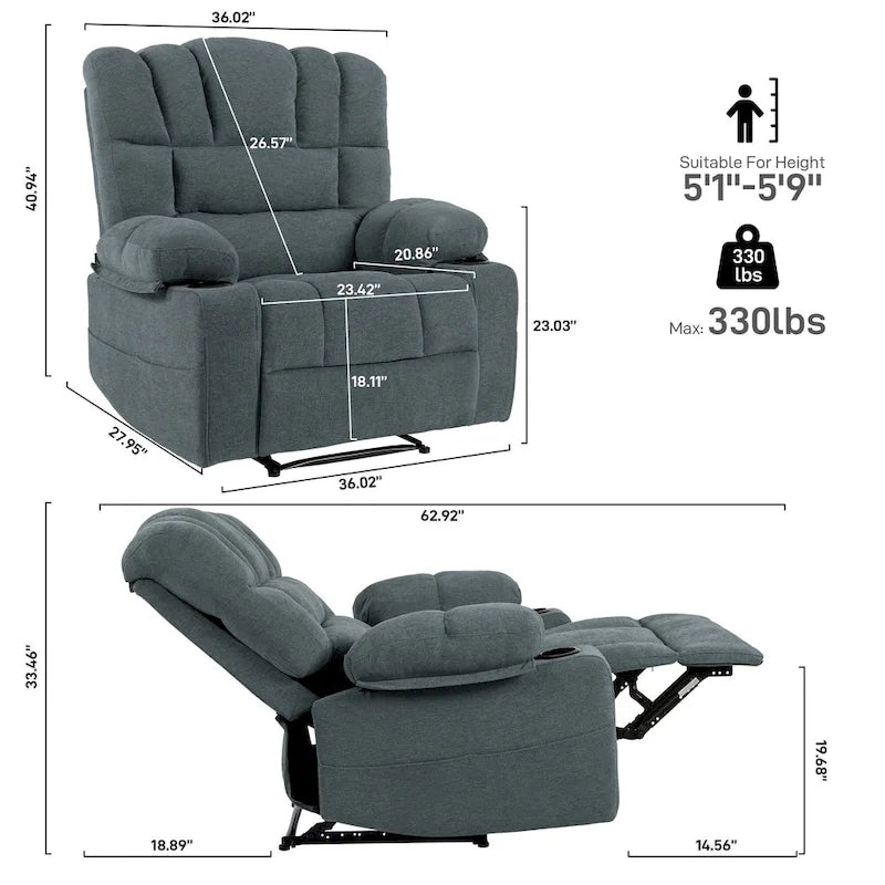Fauteuil inclinable manuel en chenille avec massage et chauffage lombaire, double porte-gobelets, poches latérales