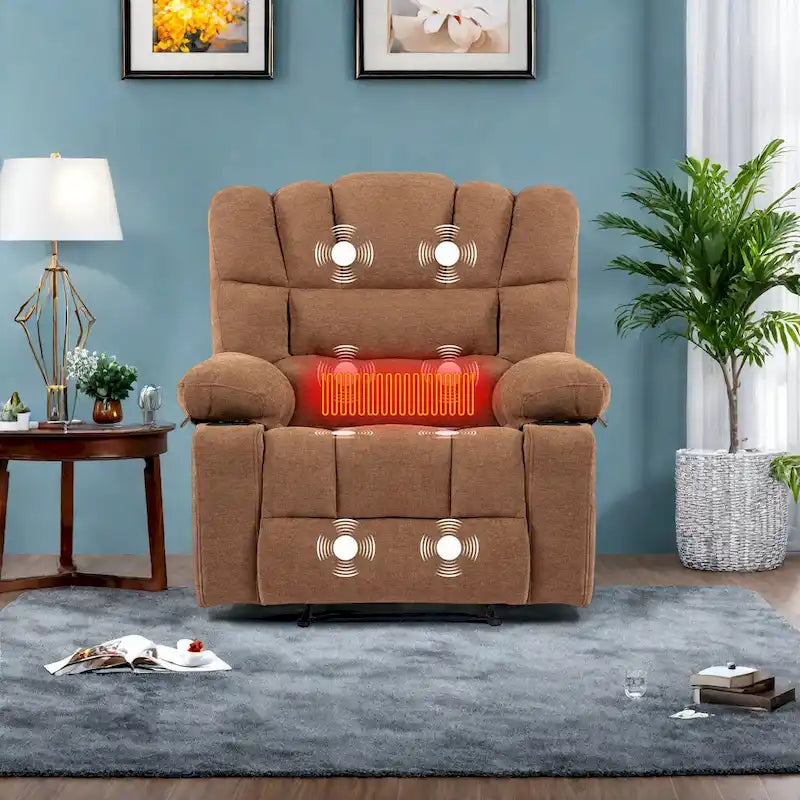 Fauteuil inclinable manuel en chenille avec massage et chauffage lombaire, double porte-gobelets, poches latérales