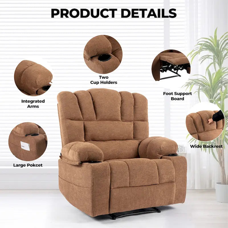Fauteuil inclinable manuel en chenille avec massage et chauffage lombaire, double porte-gobelets, poches latérales