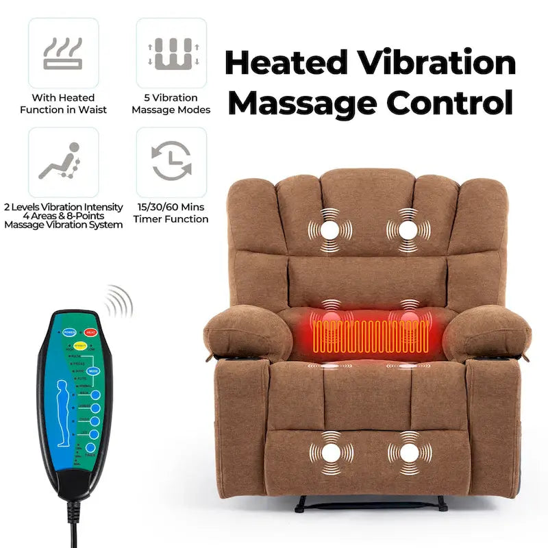 Fauteuil inclinable manuel en chenille avec massage et chauffage lombaire, double porte-gobelets, poches latérales