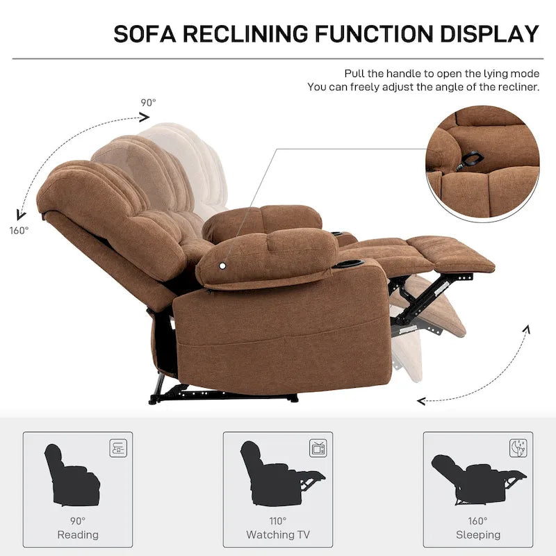 Fauteuil inclinable manuel en chenille avec massage et chauffage lombaire, double porte-gobelets, poches latérales