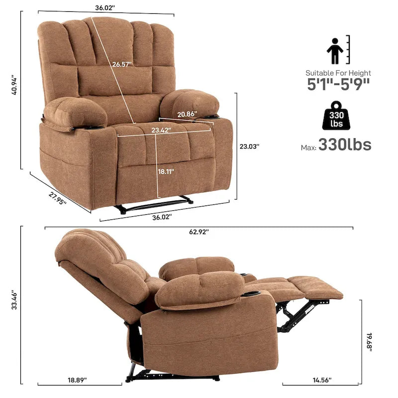 Fauteuil inclinable manuel en chenille avec massage et chauffage lombaire, double porte-gobelets, poches latérales
