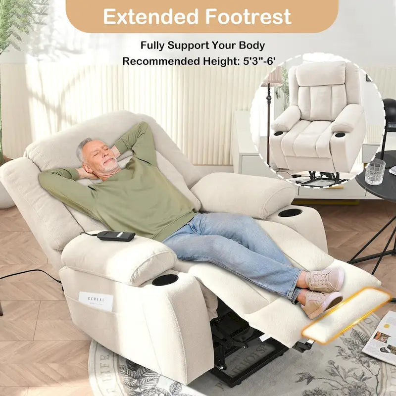 Fauteuil inclinable releveur électrique pour personnes âgées, fauteuils releveurs en tissu avec repose-pieds étendu, avec 2 porte-gobelets, poches latérales, télécommande