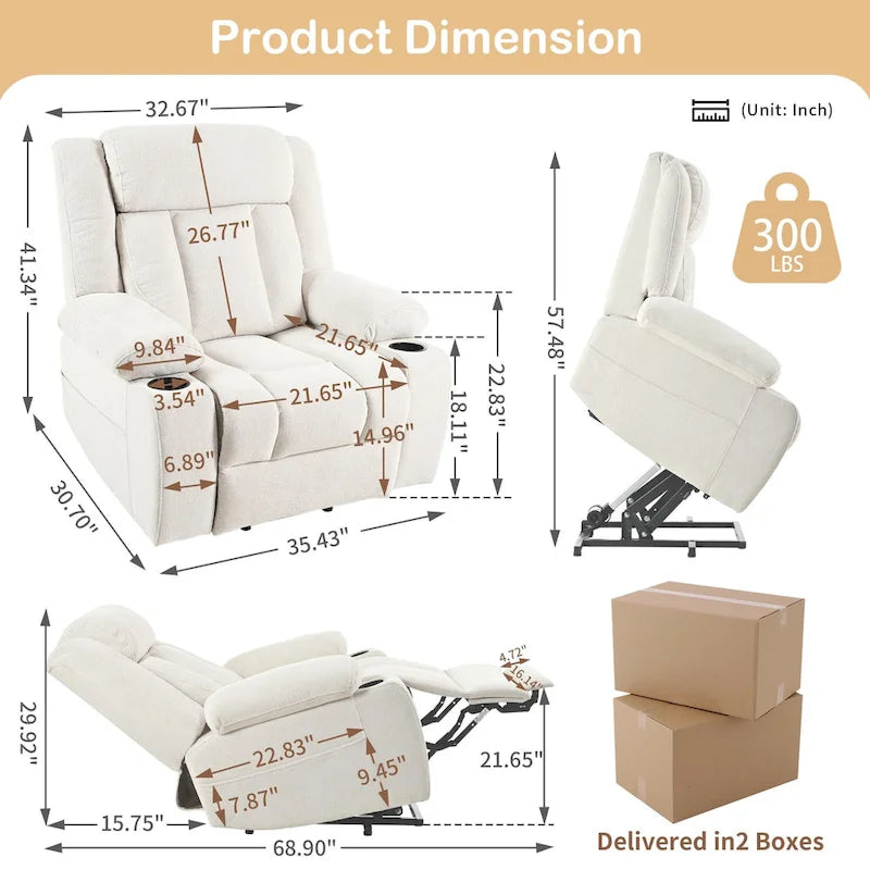 Fauteuil inclinable releveur électrique pour personnes âgées, fauteuils releveurs en tissu avec repose-pieds étendu, avec 2 porte-gobelets, poches latérales, télécommande