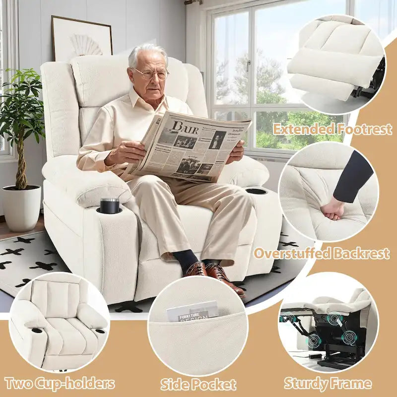 Fauteuil inclinable releveur électrique pour personnes âgées, fauteuils releveurs en tissu avec repose-pieds étendu, avec 2 porte-gobelets, poches latérales, télécommande