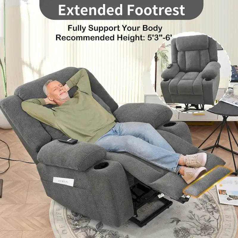 Fauteuil inclinable releveur électrique pour personnes âgées, fauteuils releveurs en tissu avec repose-pieds étendu, avec 2 porte-gobelets, poches latérales, télécommande