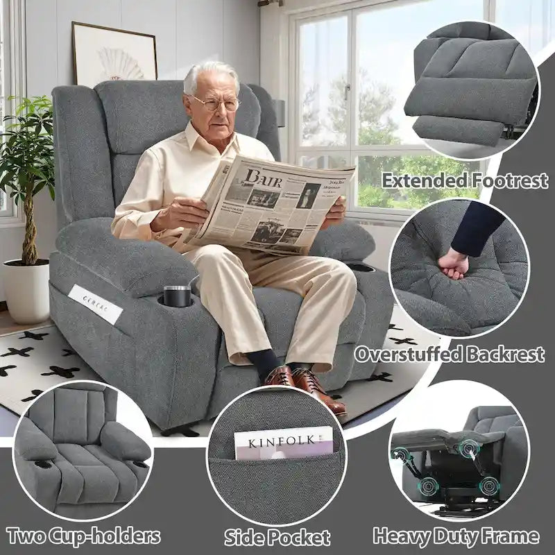 Fauteuil inclinable releveur électrique pour personnes âgées, fauteuils releveurs en tissu avec repose-pieds étendu, avec 2 porte-gobelets, poches latérales, télécommande