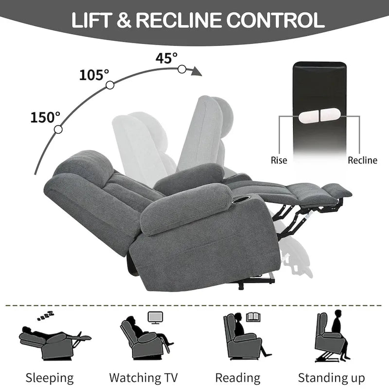 Fauteuil inclinable releveur électrique pour personnes âgées, fauteuils releveurs en tissu avec repose-pieds étendu, avec 2 porte-gobelets, poches latérales, télécommande