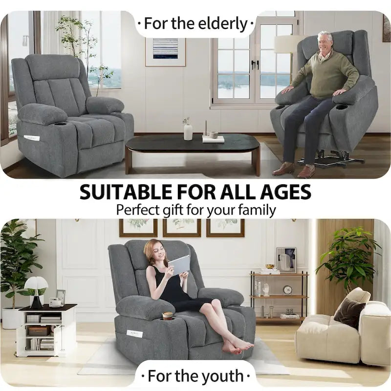 Fauteuil inclinable releveur électrique pour personnes âgées, fauteuils releveurs en tissu avec repose-pieds étendu, avec 2 porte-gobelets, poches latérales, télécommande