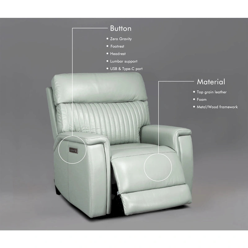 Fauteuil inclinable électrique zéro gravité en cuir avec appui-tête électrique, soutien lombaire électrique, port USB et USB-C