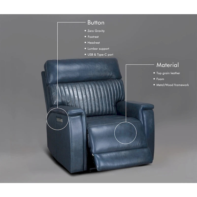 Fauteuil inclinable électrique zéro gravité en cuir avec appui-tête électrique, soutien lombaire électrique, port USB et USB-C