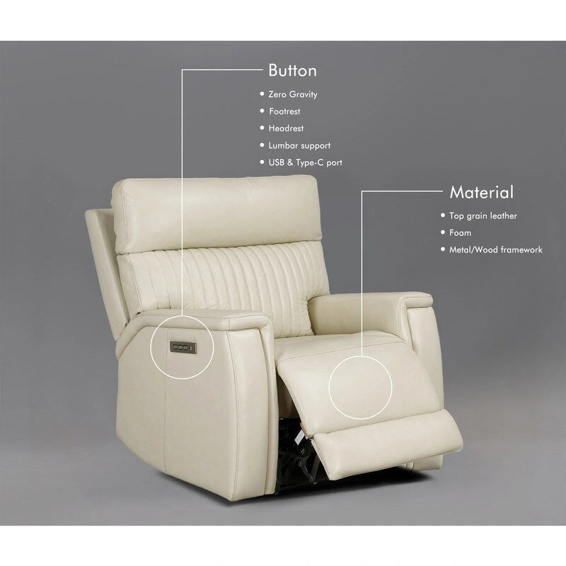 Fauteuil inclinable électrique zéro gravité en cuir avec appui-tête électrique, soutien lombaire électrique, port USB et USB-C