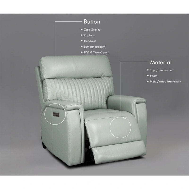 Fauteuil inclinable électrique zéro gravité en cuir avec appui-tête électrique, soutien lombaire électrique, port USB et USB-C