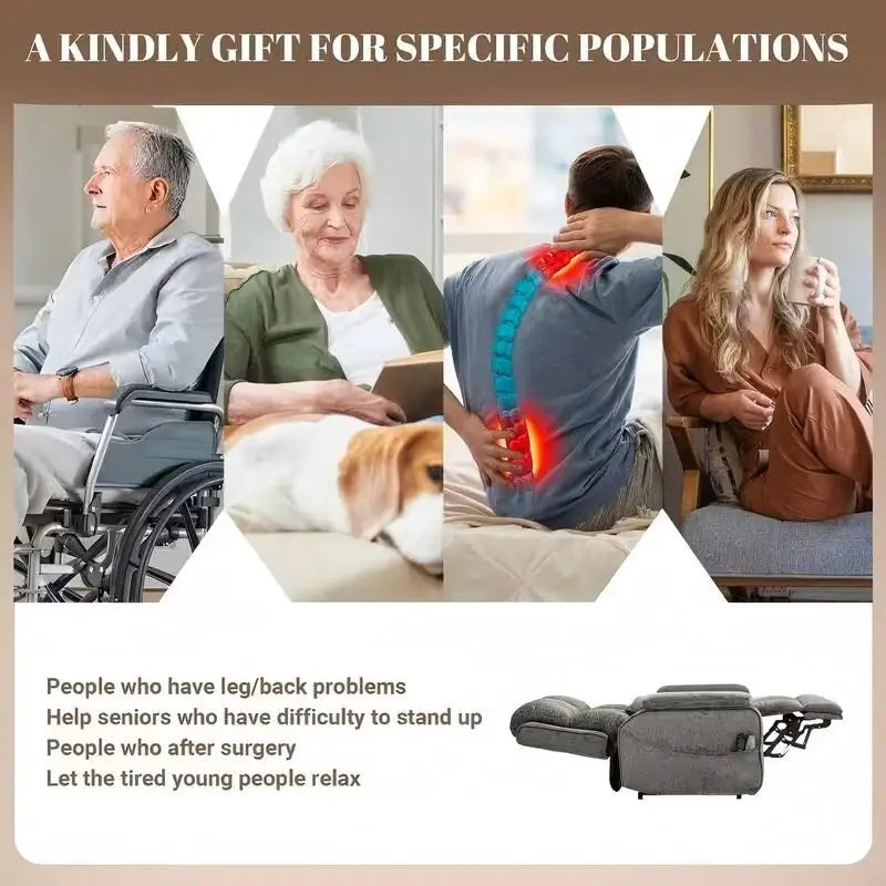 Fauteuil inclinable releveur avec repose-pieds étendu, inclinables surdimensionnés en chenille à double moteur avec chauffage/massage, chargement USB-C
