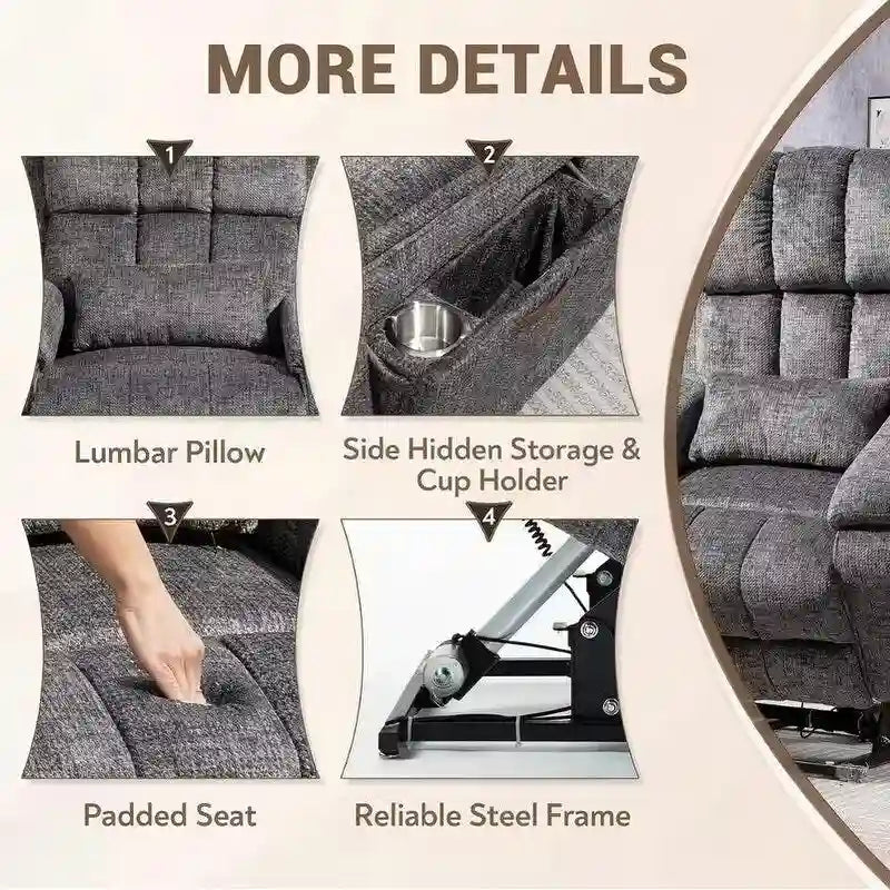 Fauteuil inclinable releveur avec repose-pieds étendu, inclinables surdimensionnés en chenille à double moteur avec chauffage/massage, chargement USB-C