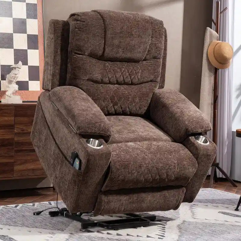 Fauteuil inclinable électrique surdimensionné en chenille avec repose-pieds étendu, assistance au levage, chauffage/massage, chargement USB/Type C et rangement