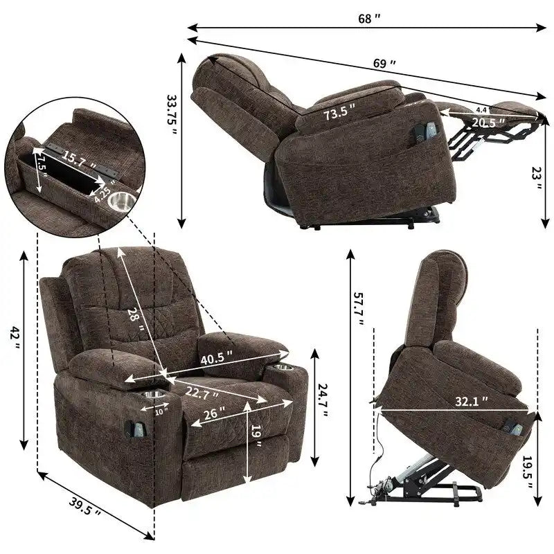 Fauteuil inclinable électrique surdimensionné en chenille avec repose-pieds étendu, assistance au levage, chauffage/massage, chargement USB/Type C et rangement