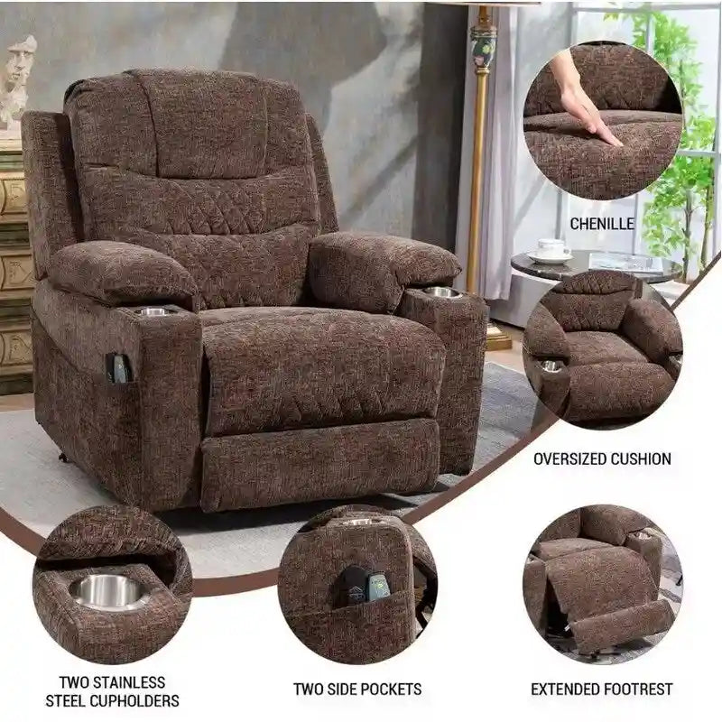 Fauteuil inclinable électrique surdimensionné en chenille avec repose-pieds étendu, assistance au levage, chauffage/massage, chargement USB/Type C et rangement