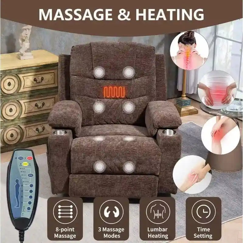 Fauteuil inclinable électrique surdimensionné en chenille avec repose-pieds étendu, assistance au levage, chauffage/massage, chargement USB/Type C et rangement