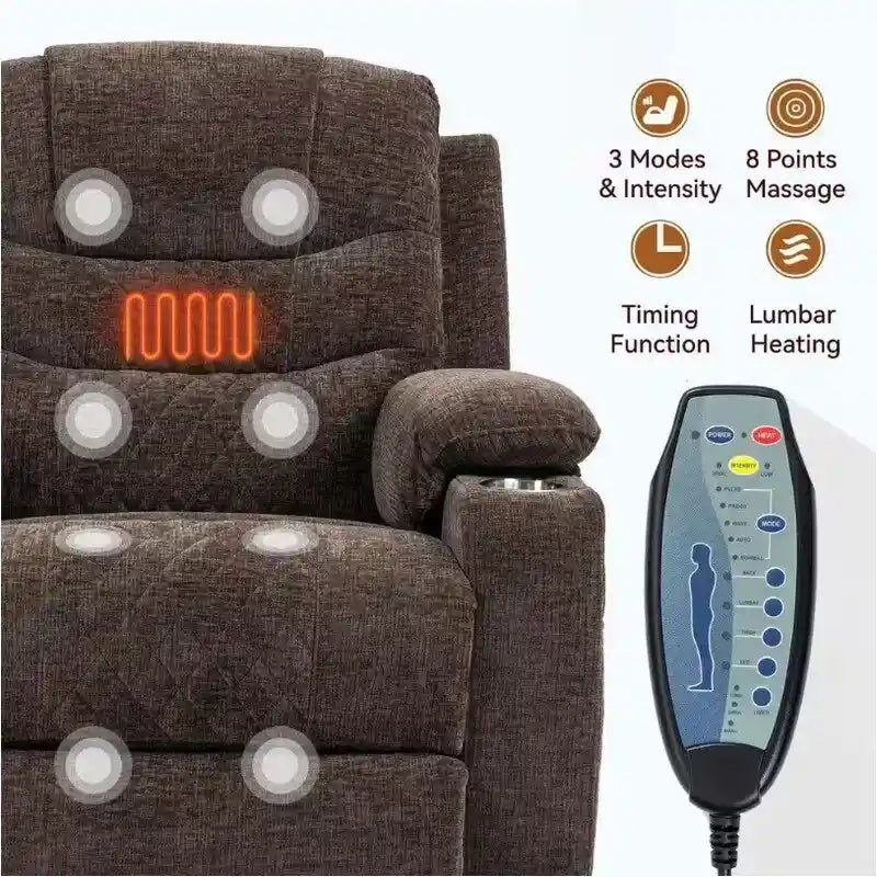 Fauteuil inclinable électrique surdimensionné en chenille avec repose-pieds étendu, assistance au levage, chauffage/massage, chargement USB/Type C et rangement