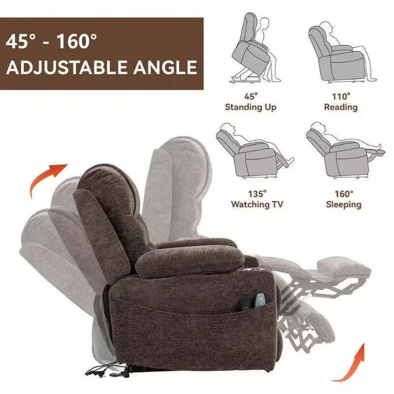 Fauteuil inclinable électrique surdimensionné en chenille avec repose-pieds étendu, assistance au levage, chauffage/massage, chargement USB/Type C et rangement