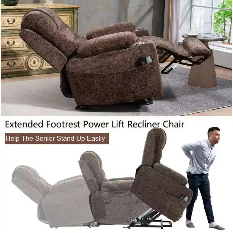 Fauteuil inclinable électrique surdimensionné en chenille avec repose-pieds étendu, assistance au levage, chauffage/massage, chargement USB/Type C et rangement