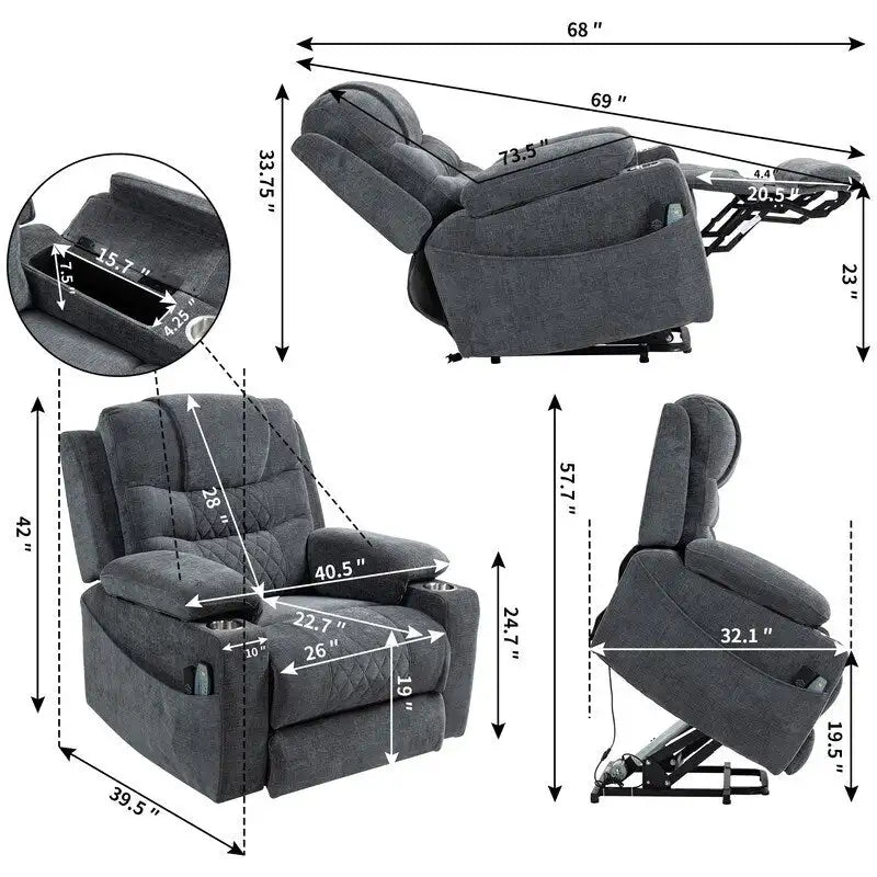 Fauteuil inclinable électrique surdimensionné en chenille avec repose-pieds étendu, assistance au levage, chauffage/massage, chargement USB/Type C et rangement