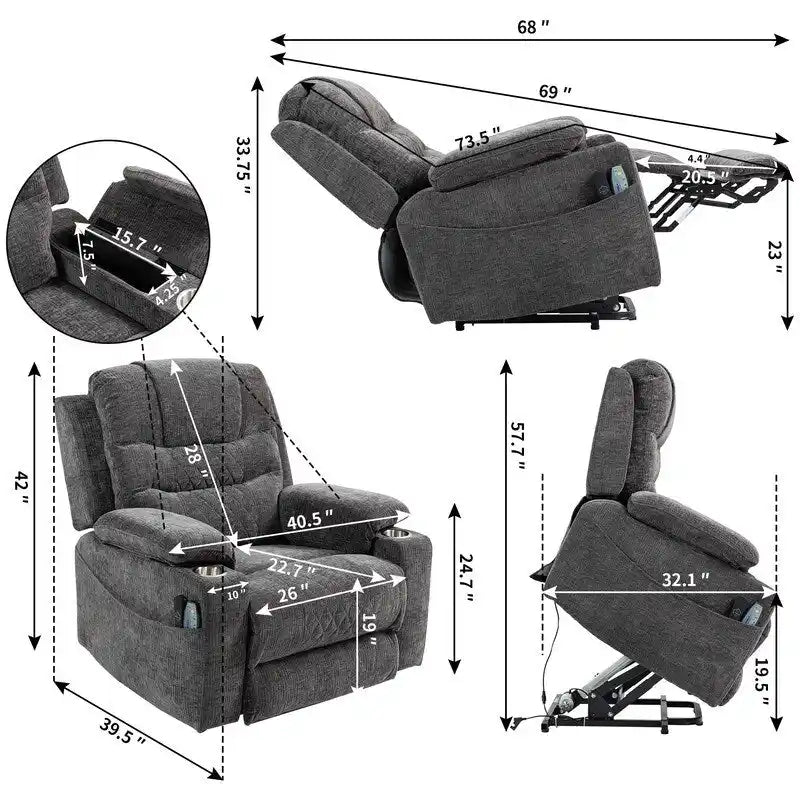Fauteuil inclinable électrique surdimensionné en chenille avec repose-pieds étendu, assistance au levage, chauffage/massage, chargement USB/Type C et rangement