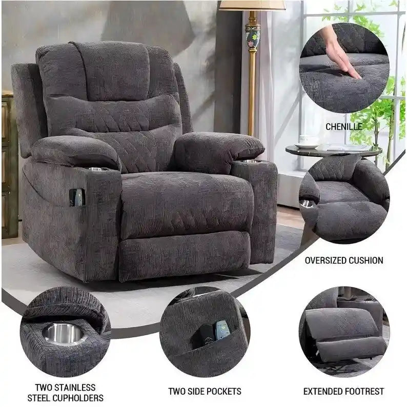 Fauteuil inclinable électrique surdimensionné en chenille avec repose-pieds étendu, assistance au levage, chauffage/massage, chargement USB/Type C et rangement