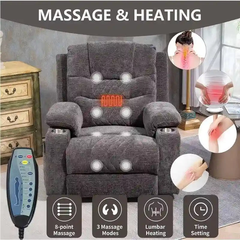 Fauteuil inclinable électrique surdimensionné en chenille avec repose-pieds étendu, assistance au levage, chauffage/massage, chargement USB/Type C et rangement