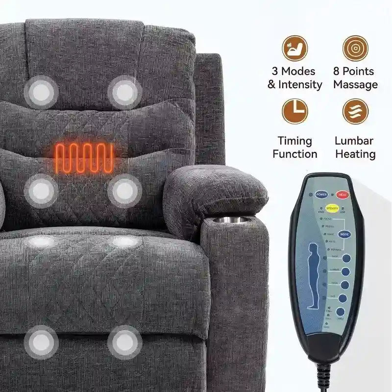 Fauteuil inclinable électrique surdimensionné en chenille avec repose-pieds étendu, assistance au levage, chauffage/massage, chargement USB/Type C et rangement
