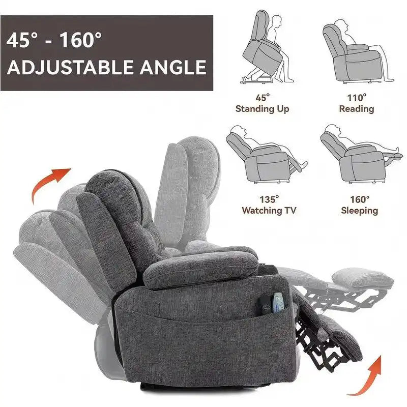 Fauteuil inclinable électrique surdimensionné en chenille avec repose-pieds étendu, assistance au levage, chauffage/massage, chargement USB/Type C et rangement
